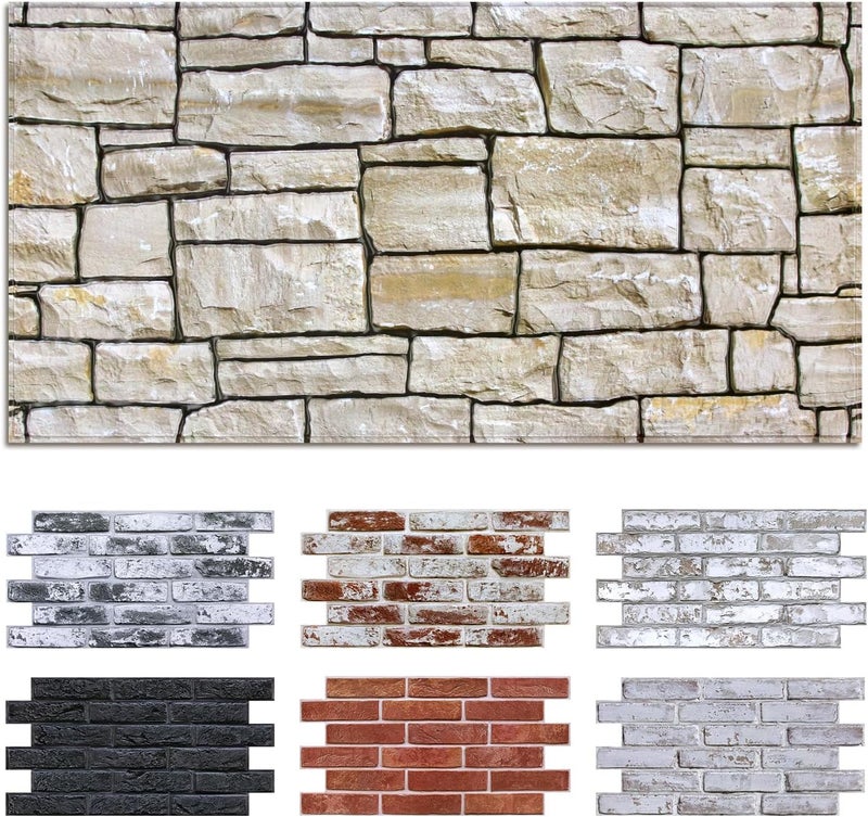 Commomy 12 pcs Faux Stone 3D Wall Panels Peel and Stick - 22.8" x 11.8" Thin & UrltraLight Stone Textured Wall Panel for Interior Tile Kitchen, Bedroom,Living Room,TV Background,RV - Image 1